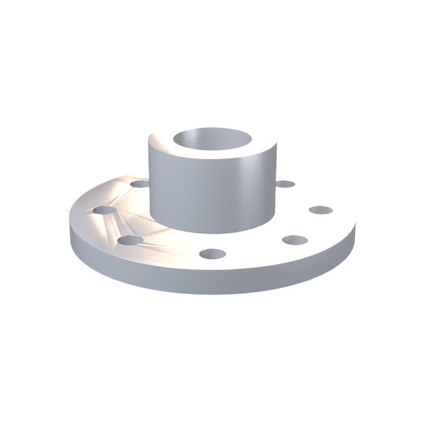 CNC machined steel flange with an eight-bolt circle and raised hub